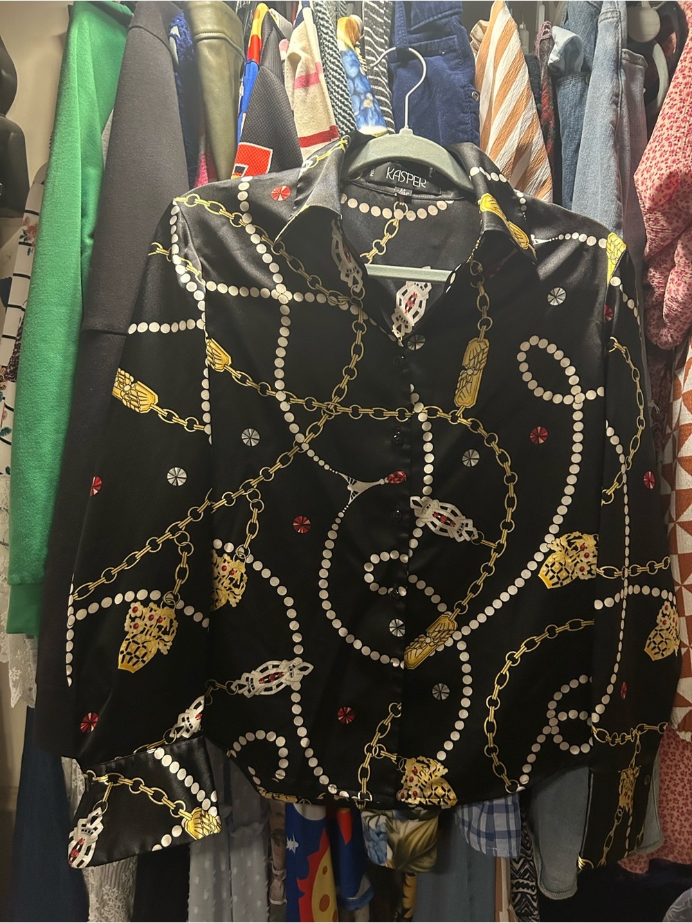 Kasper Black Satin Chain & Pearl-Print Button-Up Blouse
